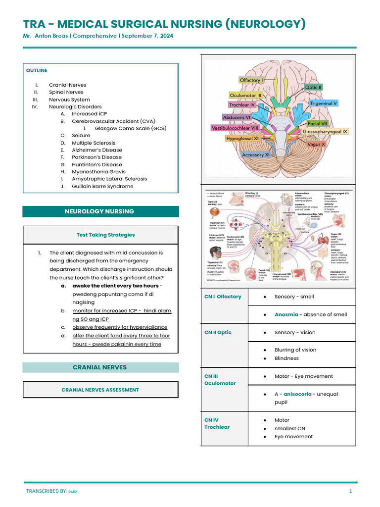 Neurology Nursing Overview and Disorders | PDF | Stroke | Autonomic ...
