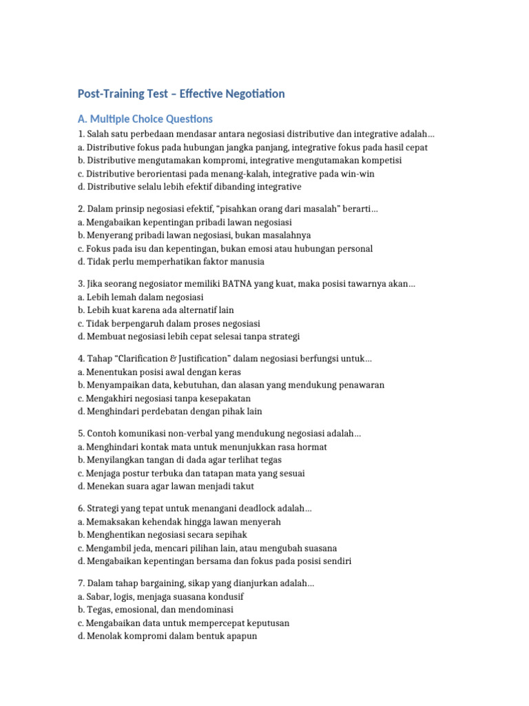 Post Training Test Effective Negotiation | PDF