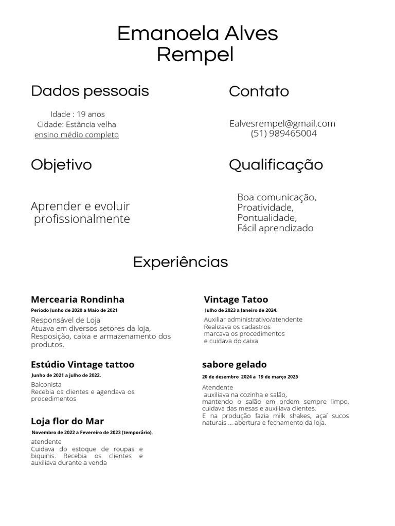 Currículo de Emanoela Alves Rempel | PDF