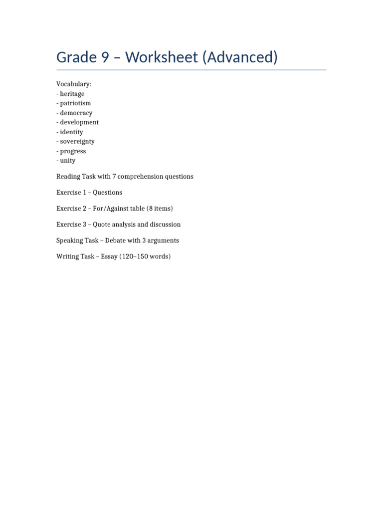 Grade 9 Advanced Vocabulary Worksheet | PDF