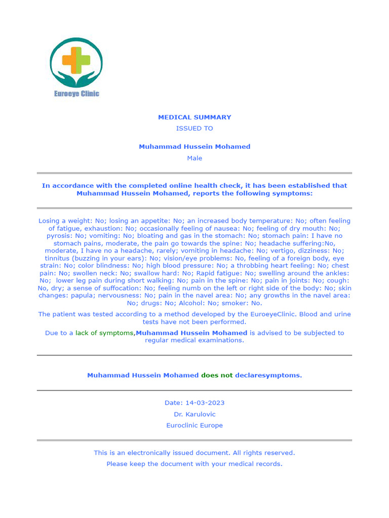 Medical Summary for Muhammad Mohamed | PDF