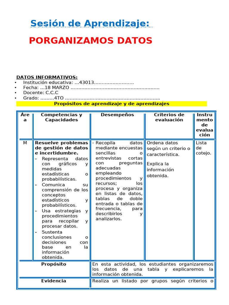 Organización de Datos en 4to Grado | PDF | Datos | Aprendizaje