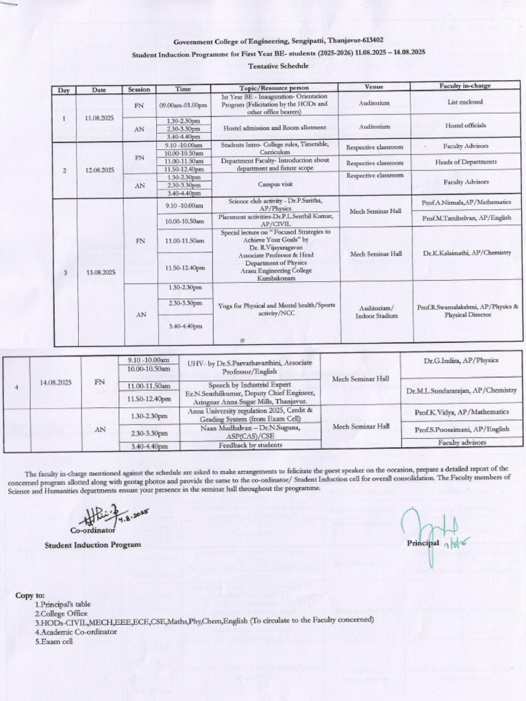 Student Induction Programme Schedule - 0001 | PDF