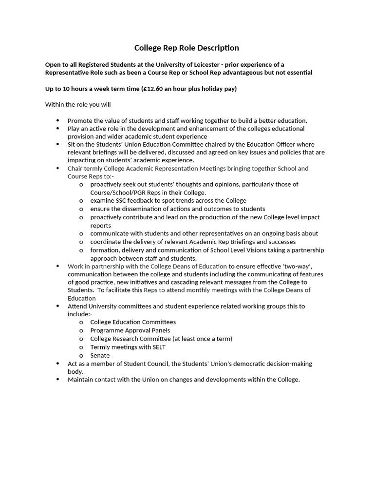 College Rep Role Description | PDF | Communication