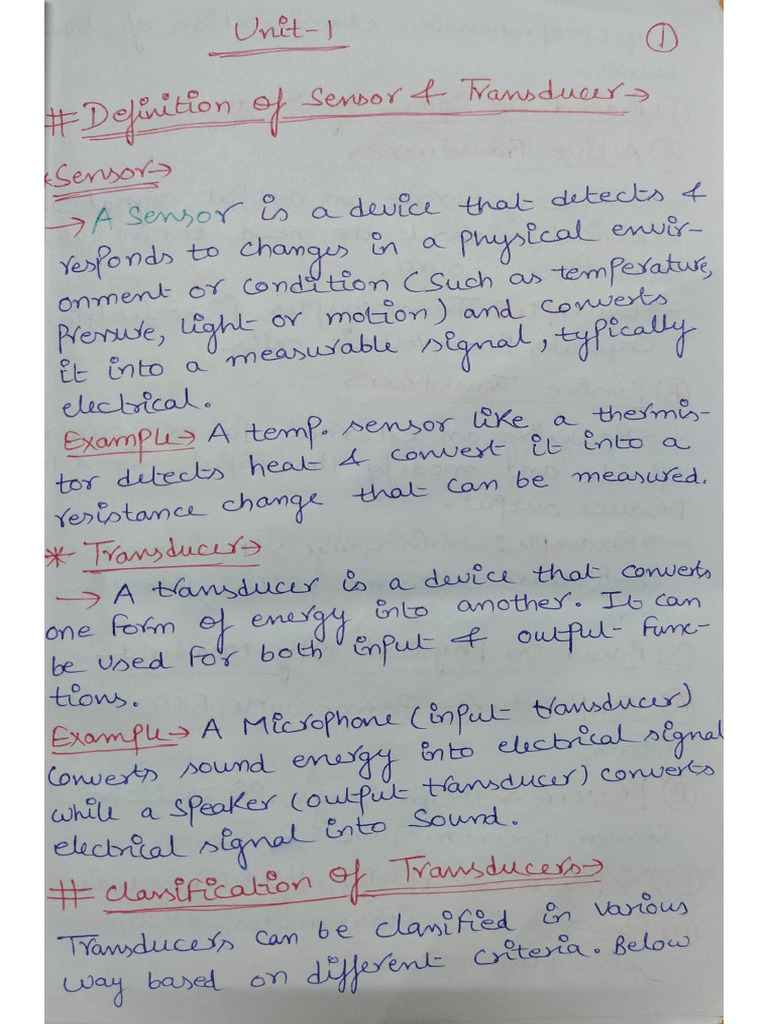 Unit 1 Notes (Sensors and Transducers) BEE-052 | PDF