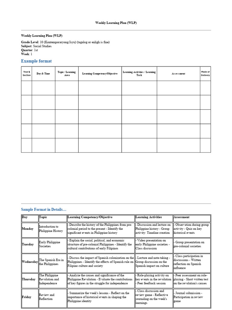 Weekly Learning Plan 20250821120750 | PDF | Philippines | Curriculum