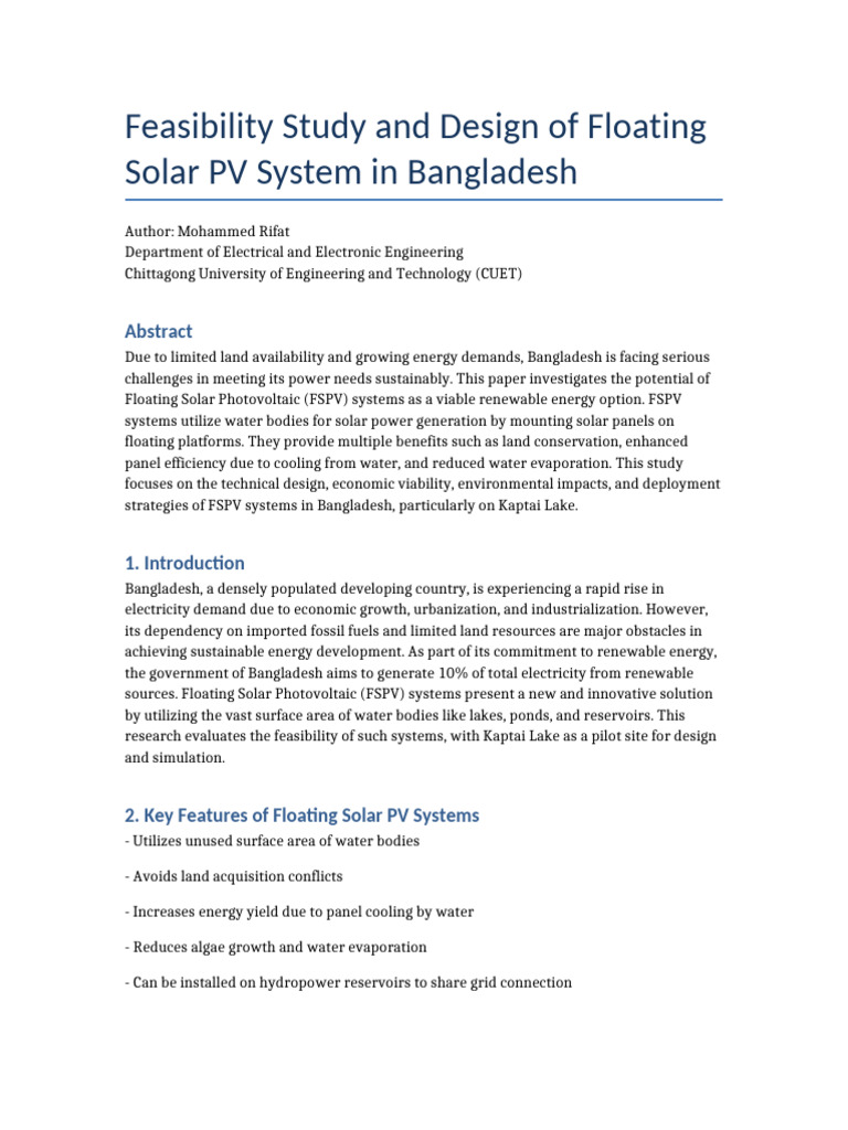 Floating Solar PV Feasibility in Bangladesh | PDF | Solar Power ...