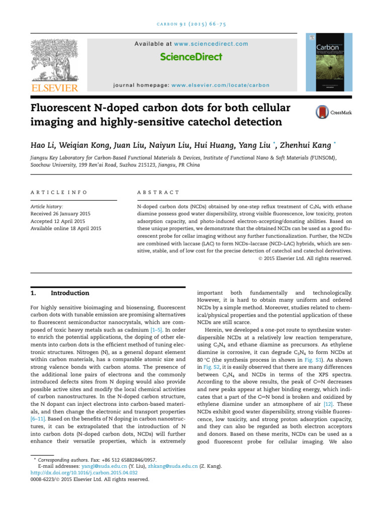 Fluorescent N-Doped Carbon Dots For Both Cellular Imaging and Highly ...