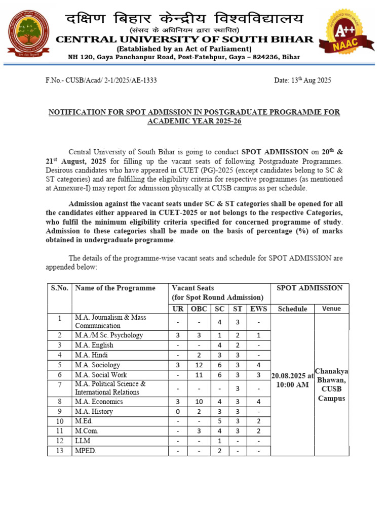 PG Spot Admission Notification 2025 | PDF