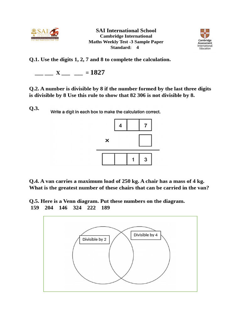 Grade 4 Maths Weekly Test Sample | PDF