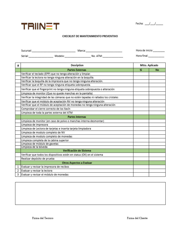Checklist de Mantenimiento de ATM | PDF