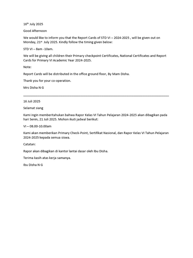 STD VI Report Card Distribution Notice | PDF
