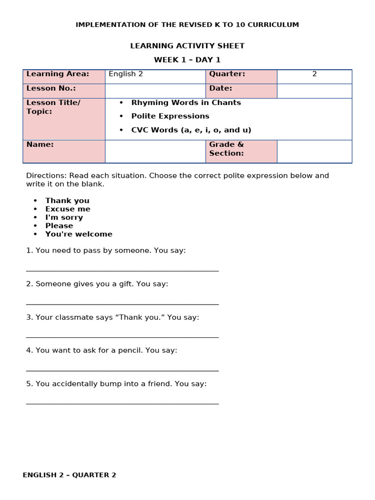 Worksheet English-2 Week-1 q2 | PDF | Pedagogy | Human Communication
