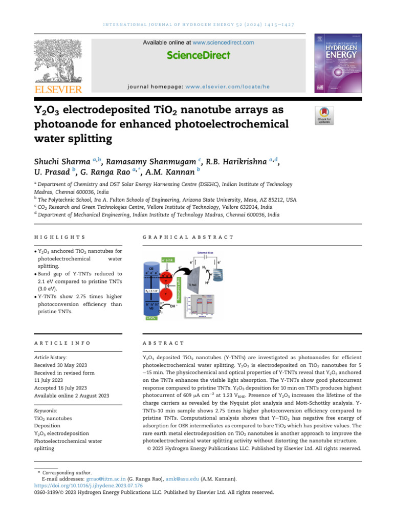 Y2O3-TiO2 Nanotubes for Water Splitting | PDF | Titanium Dioxide | Band Gap