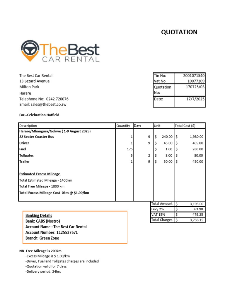 Car Rental Quotation for Bus Hire | PDF