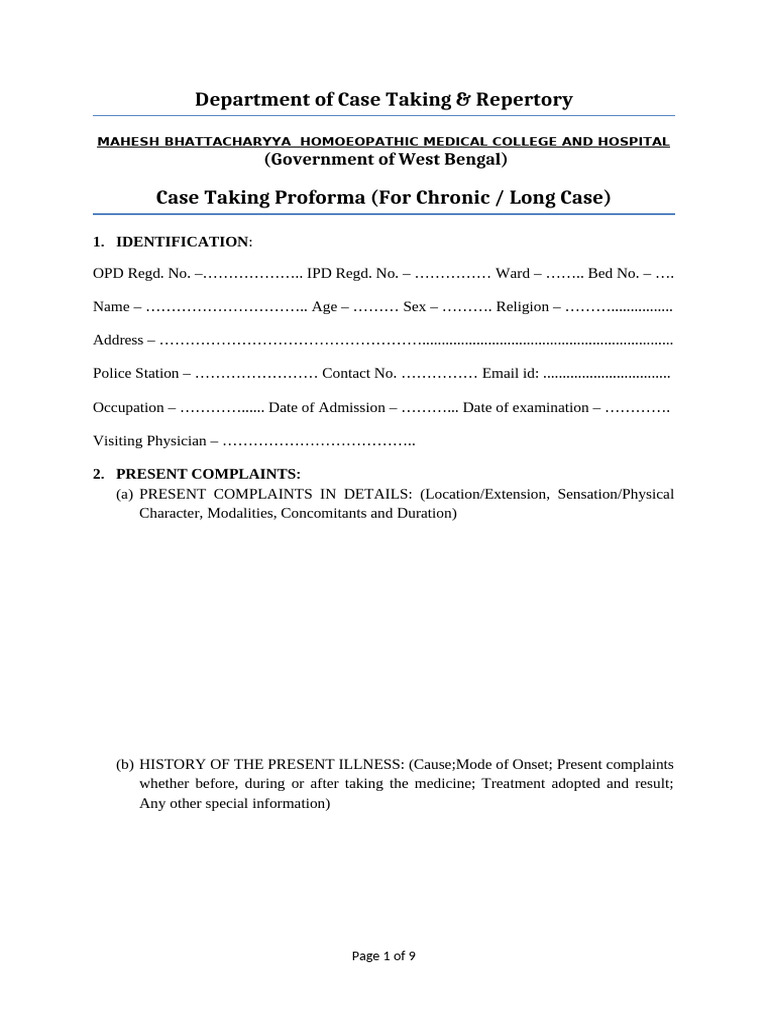 Chronic Case Taking Proforma Template | PDF | Medicine | Medical ...