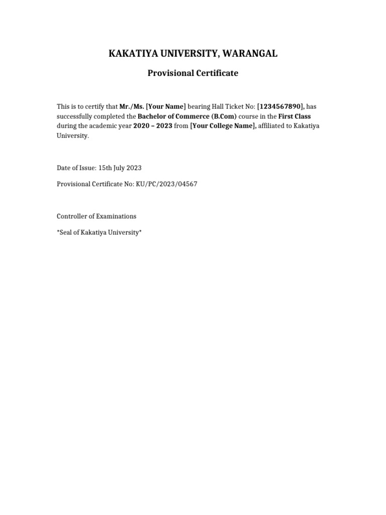 Kakatiya University Provisional Certificate | PDF