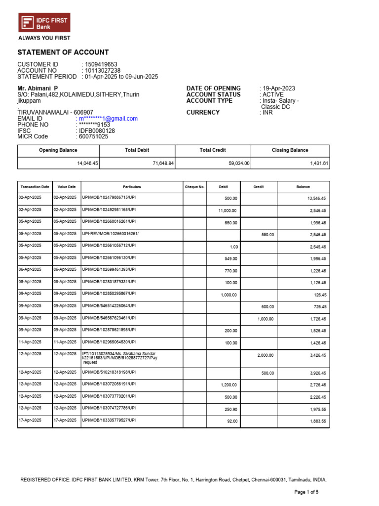 Account Statement: Apr-Jun 2025 | PDF | Debits And Credits | Banks