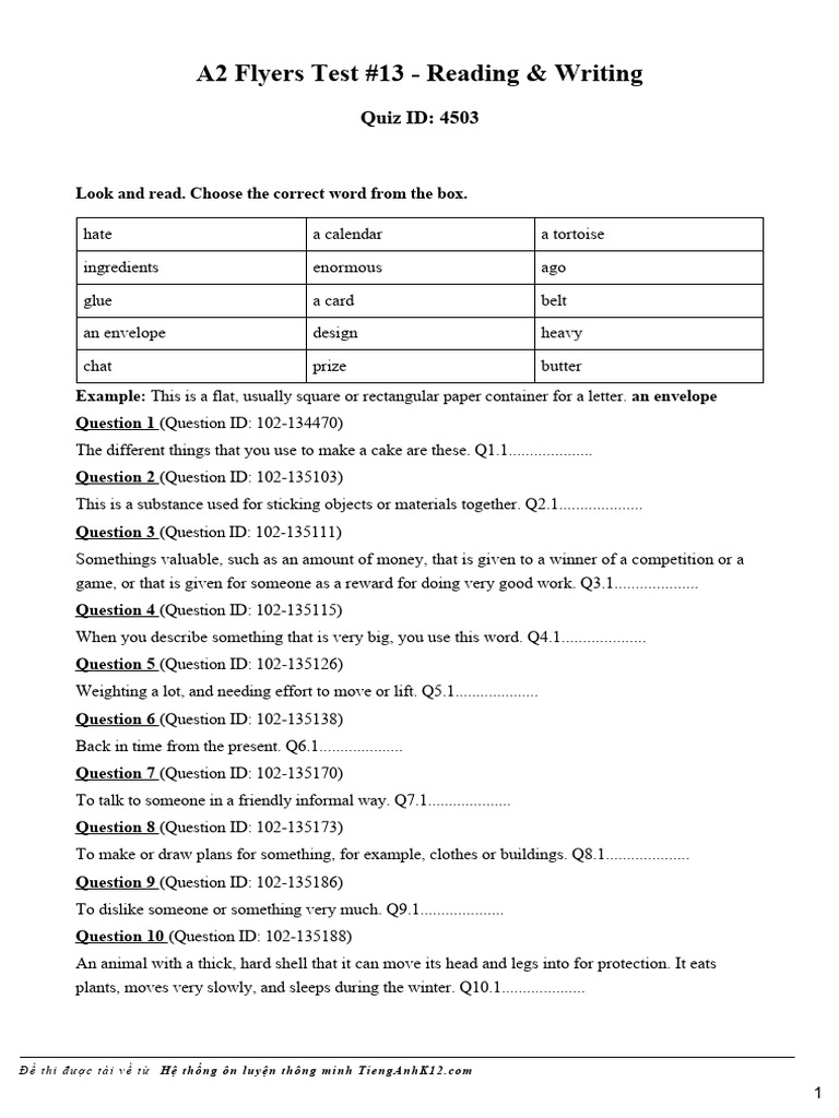 A2 Flyers Reading & Writing Test 13 | PDF
