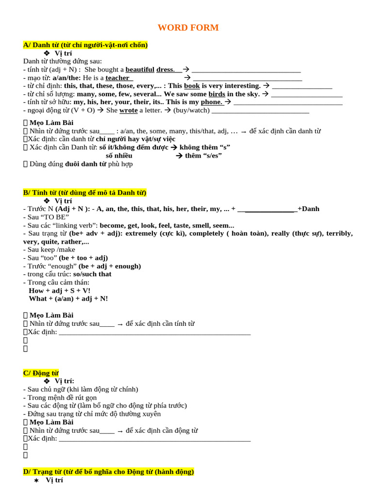WORD FORM lý thuyết + bảng wordform | PDF