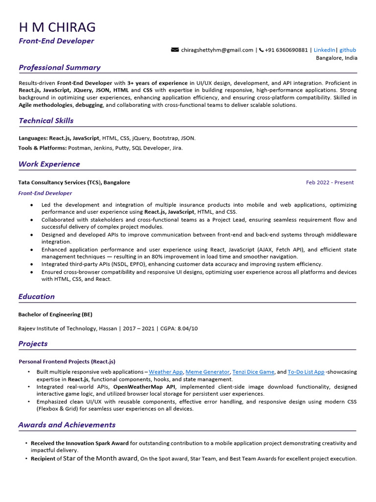 Front-End Developer Resume - H M Chirag | PDF | Ajax (Programming ...