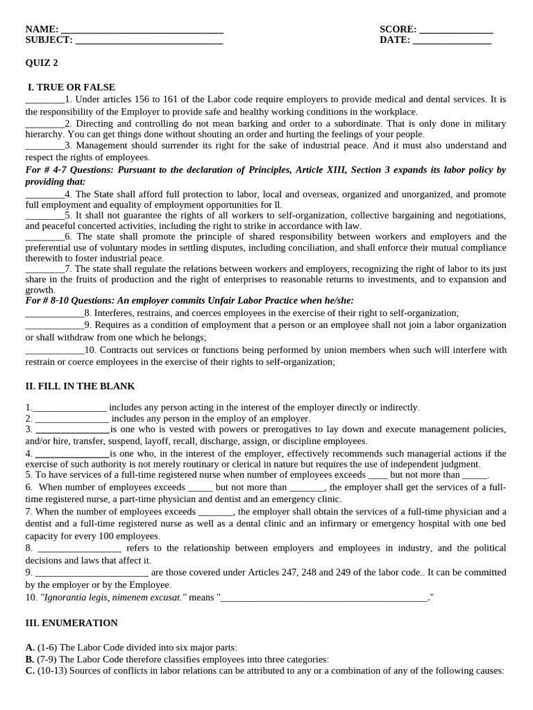 Labor Relations Quiz and Key Concepts | PDF | Employment | Labour Law