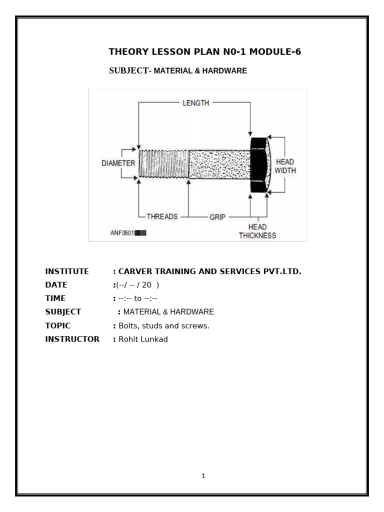 Lesson Plan: Bolts, Studs, and Screws | PDF