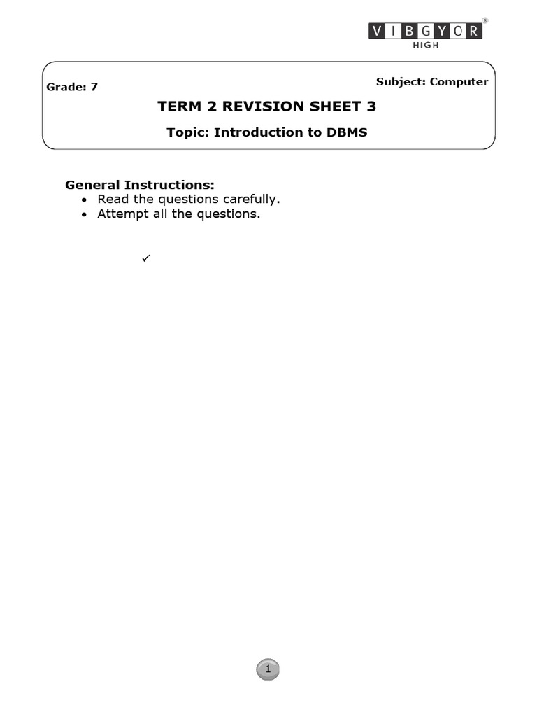 Grade 7 Introduction To DBMS Revision Sheet-AK | PDF | Databases ...