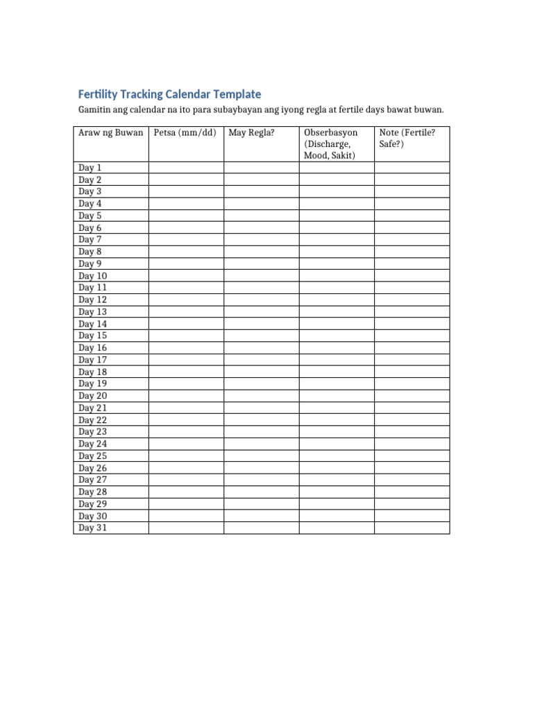Fertility Tracking Calendar Template | PDF