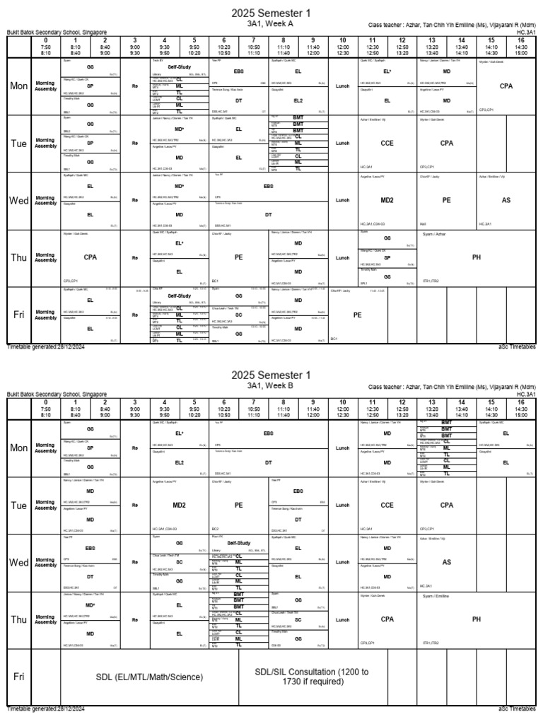 Bukit Batok Sec School Timetable 2025 | PDF