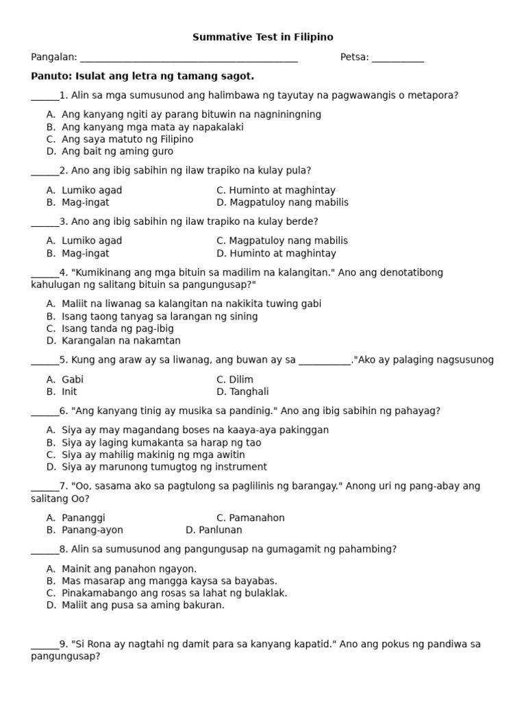 Summative Test in Filipino | PDF