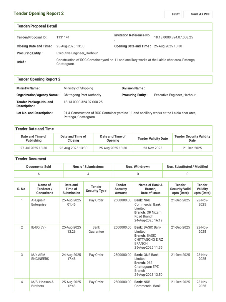 Tender Opening Report for RCC Yard Construction | PDF