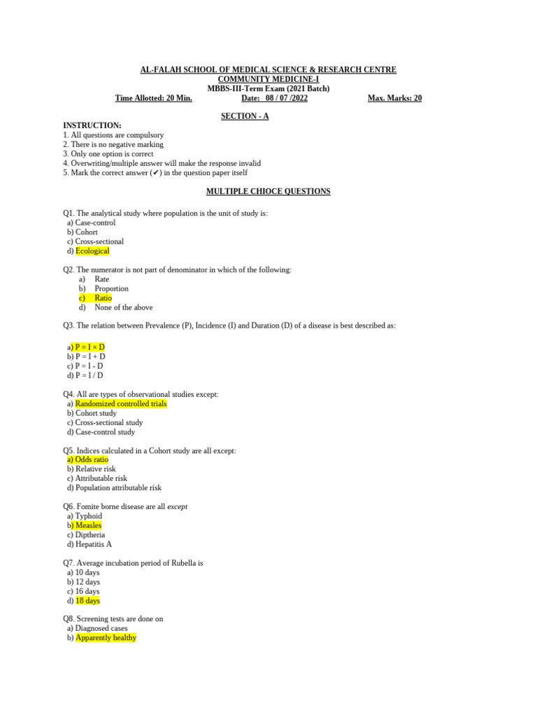 MBBS Community Medicine Exam Questions | PDF | Vaccines | Medicine