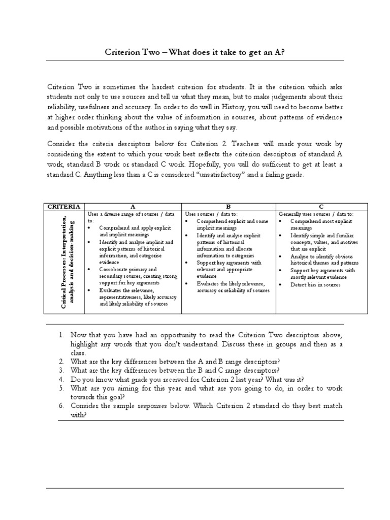 Criterion Two - What Does It Take To Get An A?: Criteria A B C | PDF ...