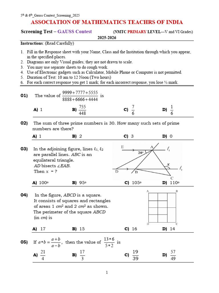 Gauss Contest Screening Test 2025 | PDF | Area | Number Theory