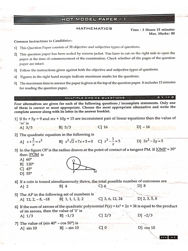 Zen Hot Model Question Papers Mathematics 2023-24 SSLC | PDF