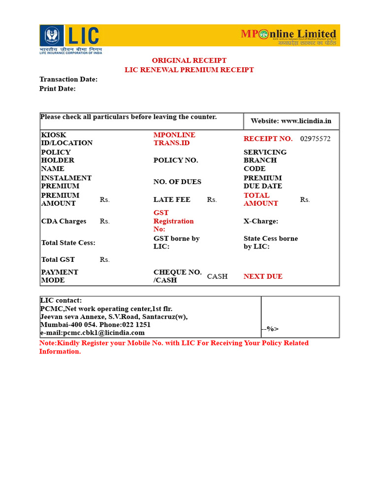 LIC Renewal Premium Receipt Details | PDF