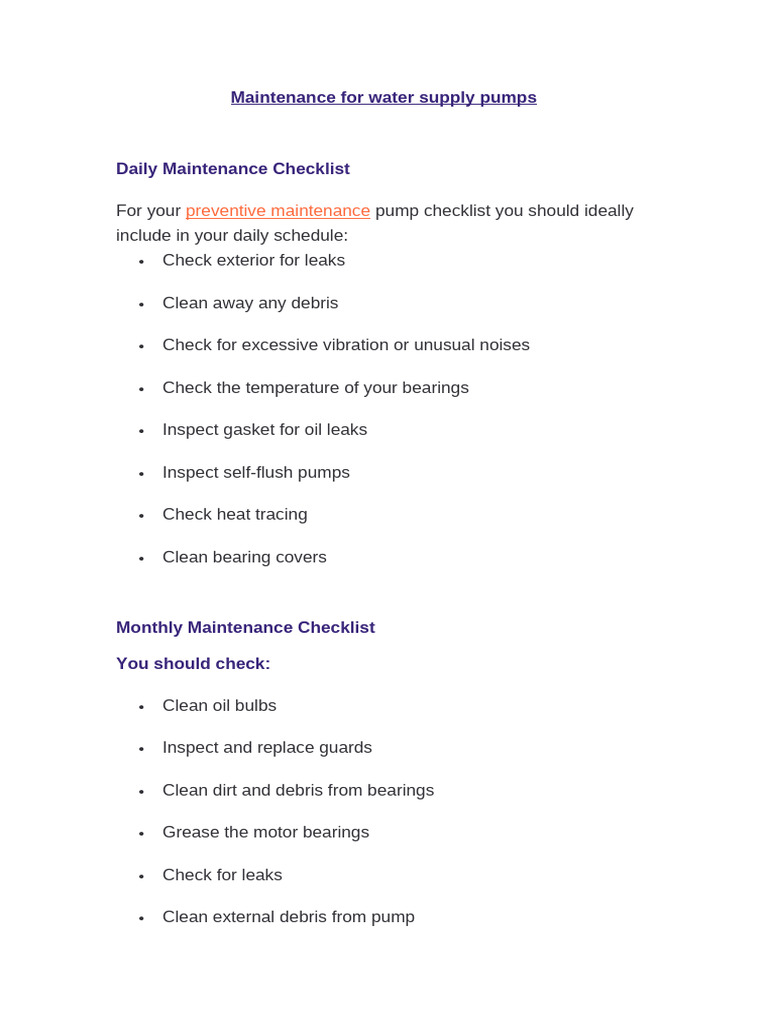 Water Pump Maintenance Checklist Guide | PDF