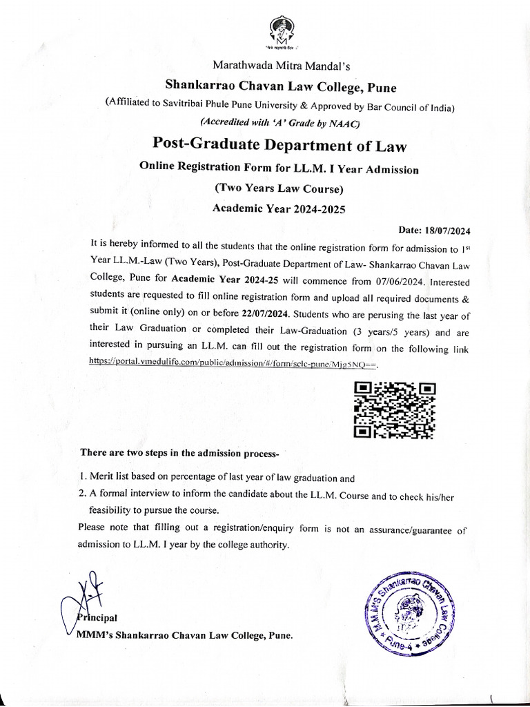 Revised Notice For Registartion Form LL.M. First Year Admission 2024 25 ...
