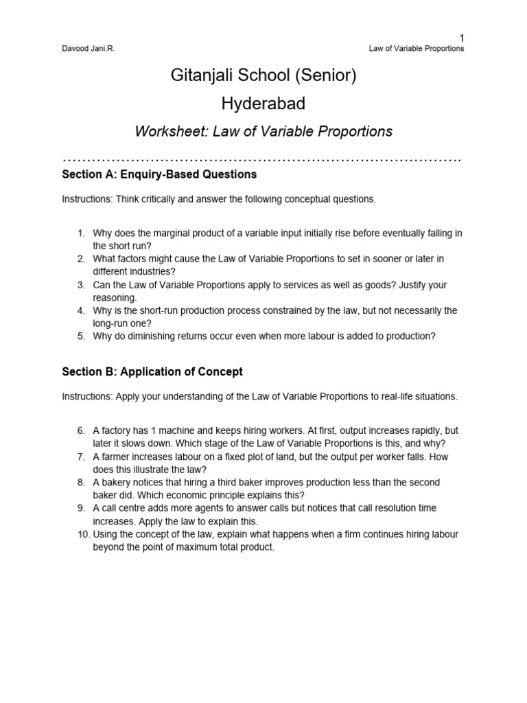 Law of Variable Proportions Worksheet | PDF | Business | Economics