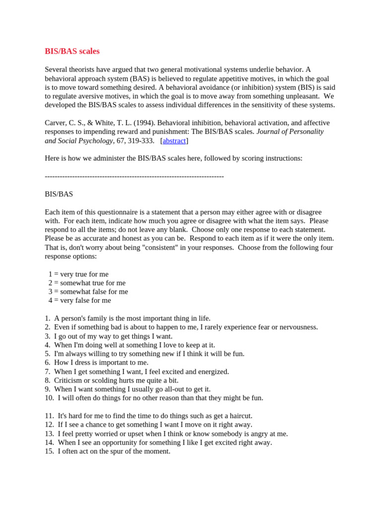 BIS-BAS Scales (Measures of The Sensitivity of Incentive and Aversive ...