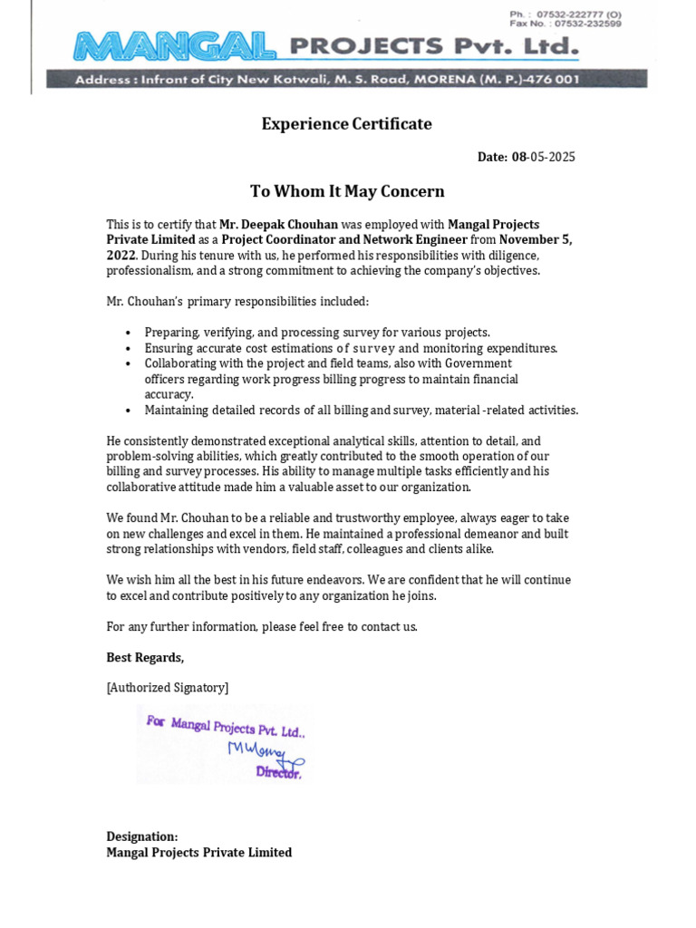 Experience Certificate for Project Coordinator | PDF
