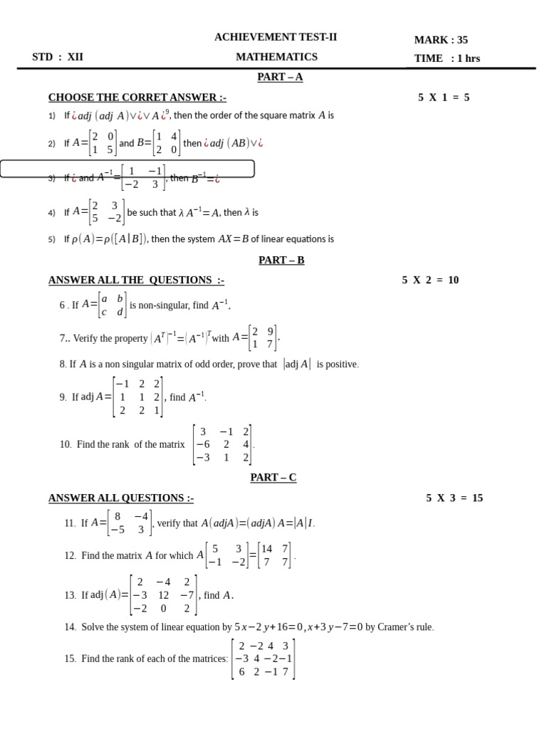 Mathematics Achievement Test XII | PDF | Matrix (Mathematics) | System ...