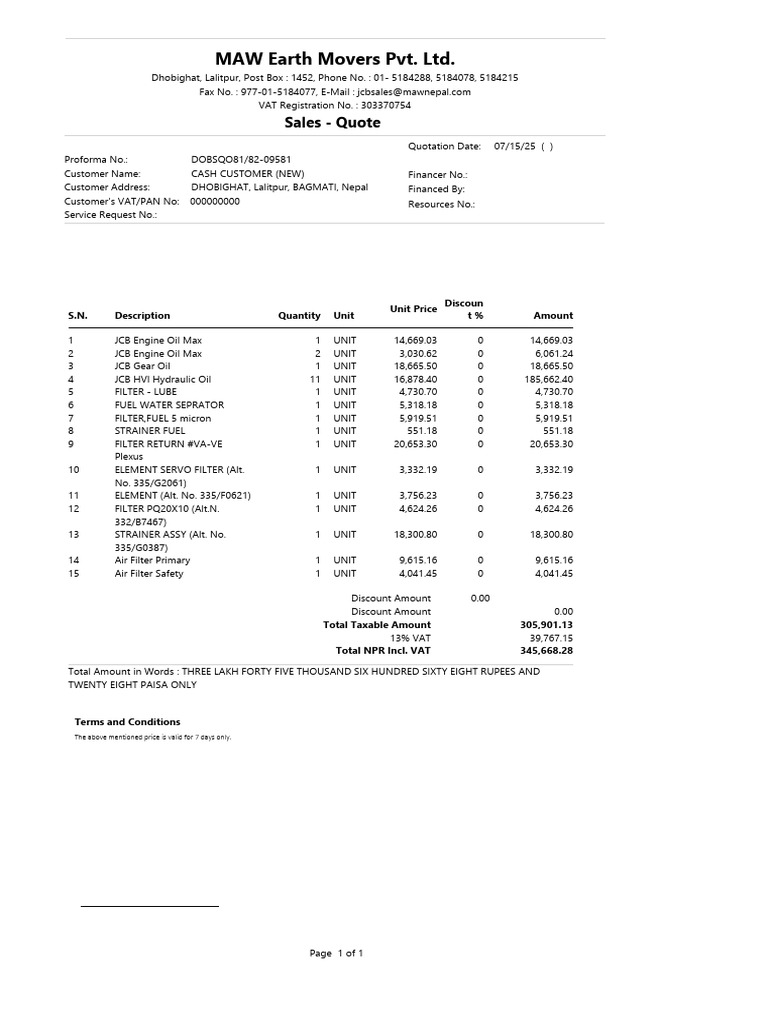 JCB Oil and Filter Quotation Details | PDF