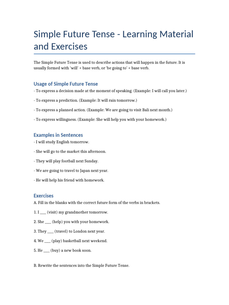 Simple Future Tense Guide & Exercises | PDF
