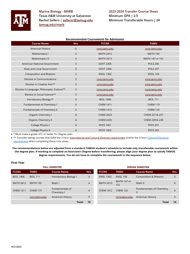 TAMUG Marine Biology Transfer Guide | PDF