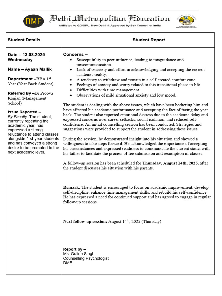 Student Support Report for Ayaan Mallik | PDF | Psychology | Emotions
