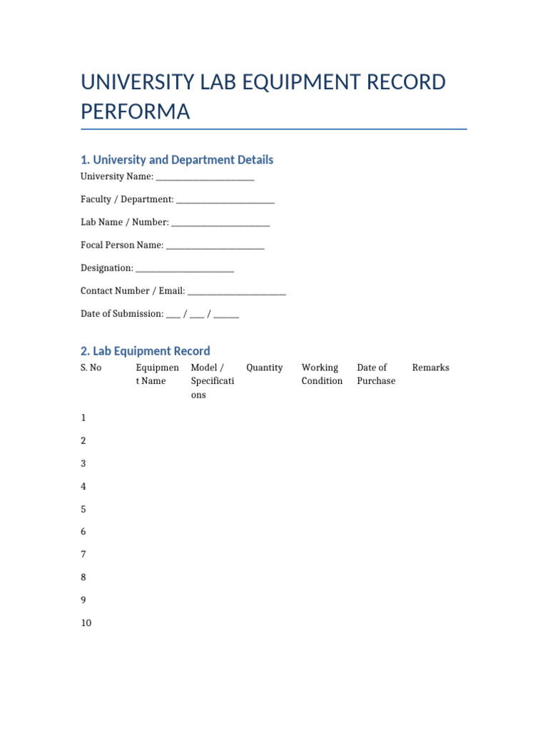 University Lab Equipment Record Performa | PDF