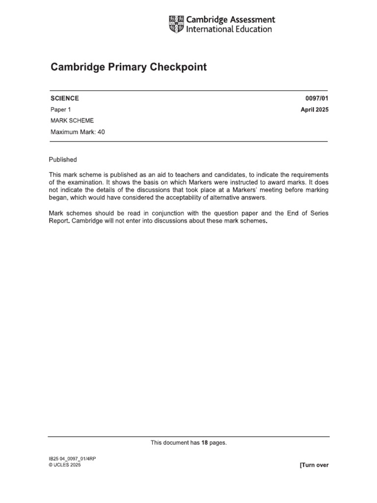 Mark Scheme - Science Paper 1 April 2025 | PDF