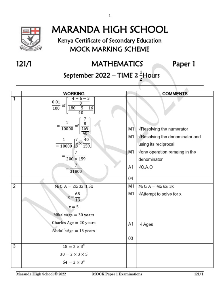 Maranda High School Mock Math Exam 2022 | PDF | Number Theory | Algebra